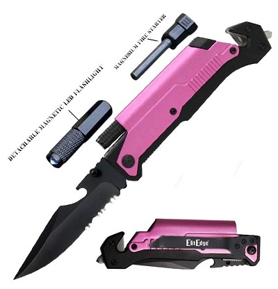 6-in-1 Survival Pink Spring Assist Folding Knife with LED Light Tool