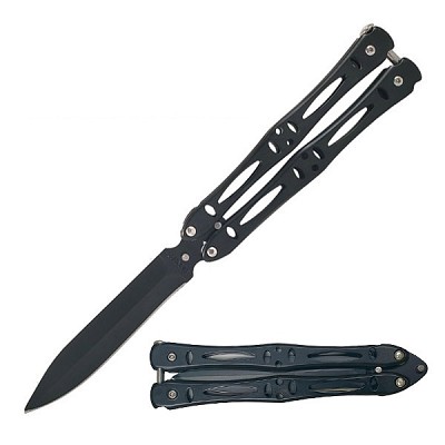 9 Inch Balisong Butterfly Knife Black Skeletonized Handle