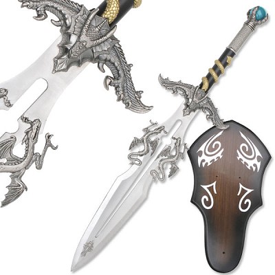 Ornate Dragons Lair Crystal Ball Fantasy Sword With Display Plaque